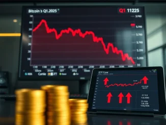 Chart showing Bitcoin's worst Q1 performance since 2018 amid ETF outflows and high volatility.