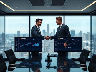 Bitget and Arkis executives shaking hands to launch new institutional crypto trading tools.