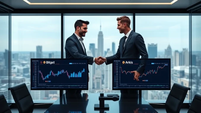 Bitget and Arkis executives shaking hands to launch new institutional crypto trading tools.