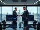 Bitget and Arkis executives shaking hands to launch new institutional crypto trading tools.
