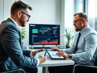 Financial advisor discussing Bitwise crypto model portfolios and ETF allocation strategies with a client.