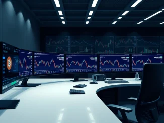 BlackRock IBIT Bitcoin ETF shows minimal redemption during Bitcoin price volatility on trading desk monitors.