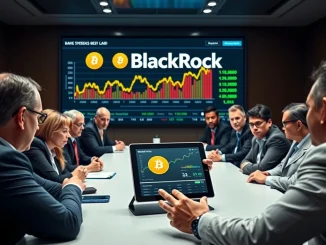 Institutional investors analyzing Bitcoin price charts in a boardroom, representing BlackRock's confirmation of strategic accumulation.