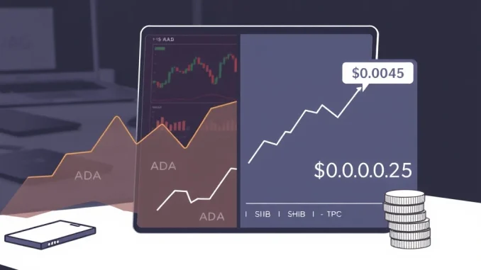 Analytical split-screen graphic comparing cryptocurrency market trends for Cardano, Shiba Inu, and the upcoming BlockDAG launch.