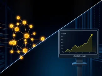 Illustration comparing BlockDAG's 5000 TPS mainnet architecture with stable Tron and Chainlink price charts.