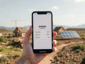 Conceptual image of a stablecoin digital wallet interface overlaid on scenes of infrastructure rebuilding in Gaza.