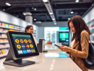 Business crypto payment testing at a modern retail checkout terminal in 2026