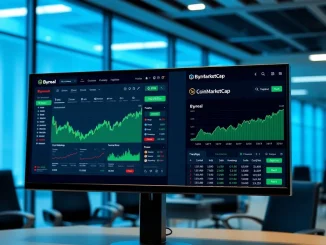 Byreal exchange data integration with CoinMarketCap showing real-time liquidity and trading volume metrics for cryptocurrency markets