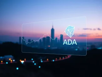 Futuristic cityscape with a holographic chart showing the Cardano price prediction and blockchain networks.