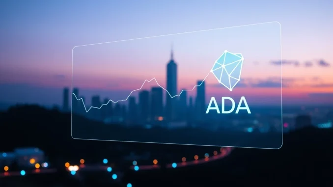 Futuristic cityscape with a holographic chart showing the Cardano price prediction and blockchain networks.