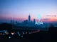 Futuristic cityscape with a holographic chart showing the Cardano price prediction and blockchain networks.