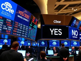 Cboe trading floor with split-screen showing traditional and binary options interfaces.