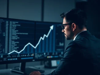 Investigator analyzing blockchain data showing crypto trafficking flows linked to illicit networks.