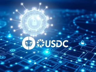 AI-driven on-chain payments visualization with USDC stablecoin and blockchain technology interface.