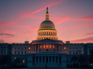 U.S. Capitol with crypto symbols representing the CLARITY Act and Coinbase CEO's progress statement.