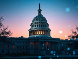 US Capitol building with blockchain overlay representing Coin Center's BRCA bill appeal for crypto developer protection