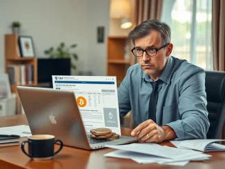 Person reviewing new IRS 1099-DA crypto tax form on laptop with concern
