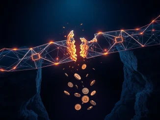 Illustration of a broken cross-chain bridge vulnerability causing a major crypto loss.