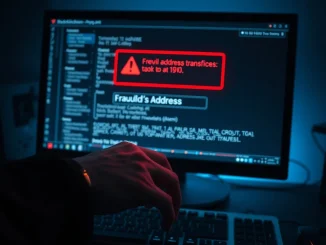 A realistic depiction of an address poisoning attack on a computer screen showing a fraudulent blockchain transaction.
