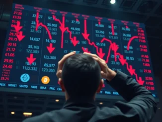 A tense scene of a financial trading room during a crypto bear market crash, with red numbers flashing on screens.