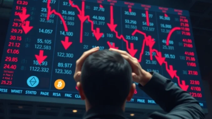 A tense scene of a financial trading room during a crypto bear market crash, with red numbers flashing on screens.