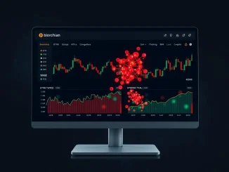 Analytical dashboard showing BTC, ETH, BNB, DOGE price charts with liquidation cluster data signaling market volatility.