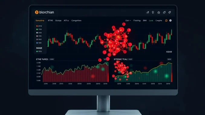 Analytical dashboard showing BTC, ETH, BNB, DOGE price charts with liquidation cluster data signaling market volatility.