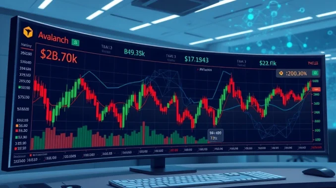 Cryptocurrency market dashboard showing BNB, Avalanche, and AI token price movements with blockchain and AI elements
