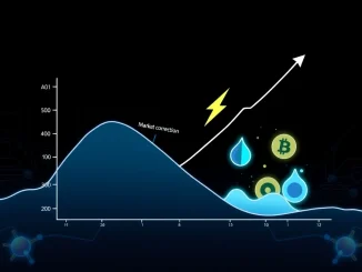 Cryptocurrency market volatility graph showing correction and potential recovery with AI and DeFi symbols