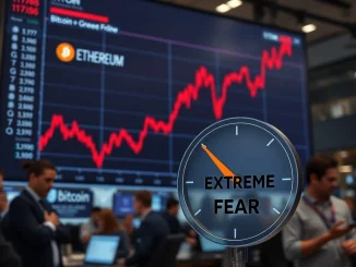 Chart showing crypto market decline with Bitcoin and Ethereum prices falling as fear index signals extreme caution.