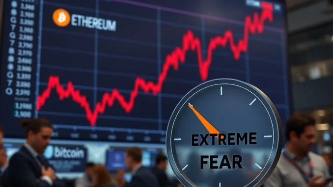 Chart showing crypto market decline with Bitcoin and Ethereum prices falling as fear index signals extreme caution.