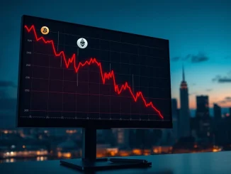 Chart showing a dramatic crypto market sell-off with $910 billion lost, highlighting ETF outflows and liquidations.