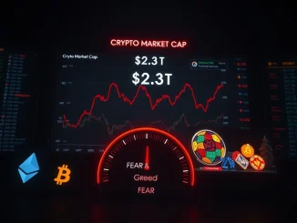 Digital dashboard showing crypto market cap crash and Extreme Fear index as Bitcoin and Ethereum decline.