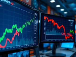 Crypto market news today showing DeepSnitch AI surge and Bitcoin price drop analysis on financial charts.