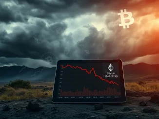 A dramatic visualization of the crypto market decline and extreme fear causing sharp price drops in Bitcoin and Ethereum.