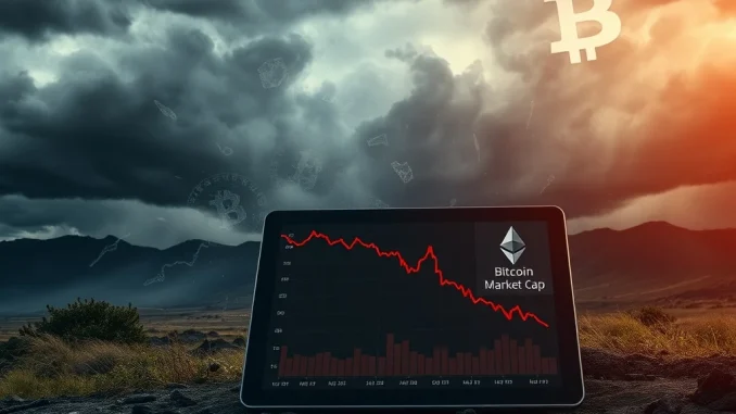 A dramatic visualization of the crypto market decline and extreme fear causing sharp price drops in Bitcoin and Ethereum.
