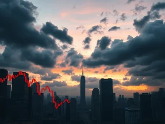 A dramatic scene symbolizing the crypto market drop and extreme fear among investors as Bitcoin and Ethereum prices decline.