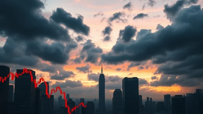 A dramatic scene symbolizing the crypto market drop and extreme fear among investors as Bitcoin and Ethereum prices decline.