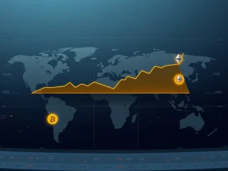 Illustration of a stable crypto market chart at $2.3 trillion against a backdrop of global uncertainty.