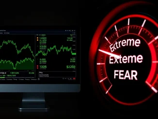 Crypto market analysis showing price charts alongside an Extreme Fear sentiment gauge.