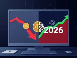 Analytical split-screen graphic comparing current crypto market trends with AI-driven 2026 projections.