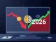 Analytical split-screen graphic comparing current crypto market trends with AI-driven 2026 projections.