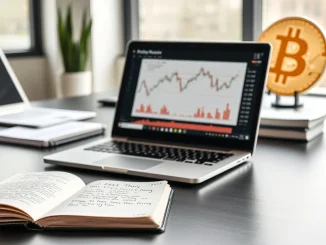 Professional cryptocurrency research analysis with Bitcoin price charts and blockchain project evaluation notes