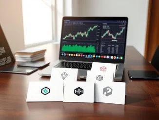 Analyst reviewing crypto presale projects on a laptop with market charts visible