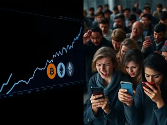 A split image showing crypto market growth graphs alongside anxious investors, illustrating the paradox of the crypto market rebound.