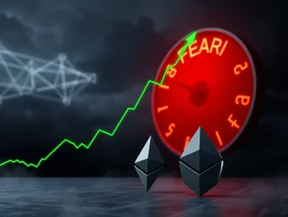 Graphic showing crypto market recovery trend clashing with extreme fear sentiment indicator.