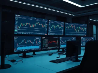 A crypto whale's institutional trading desk analyzing leveraged Solana and Ethereum positions on multiple monitors.