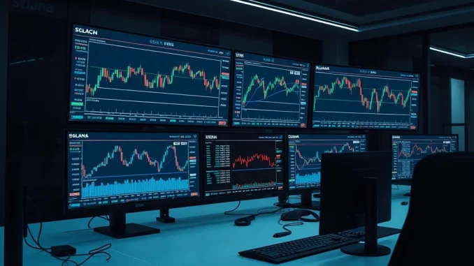A crypto whale's institutional trading desk analyzing leveraged Solana and Ethereum positions on multiple monitors.