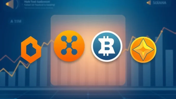 Analysis of four cryptocurrencies showing growth: BlockDAG, XRP, Dogecoin, and Solana on a financial dashboard