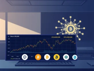 Analyst dashboard showing Bitcoin price under $70K and five altcoin charts for 2026 crypto market evaluation.